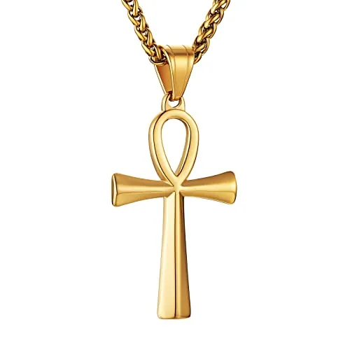Coptic Ankh Pendant, stainless steel, rope chain, 22 in, gold