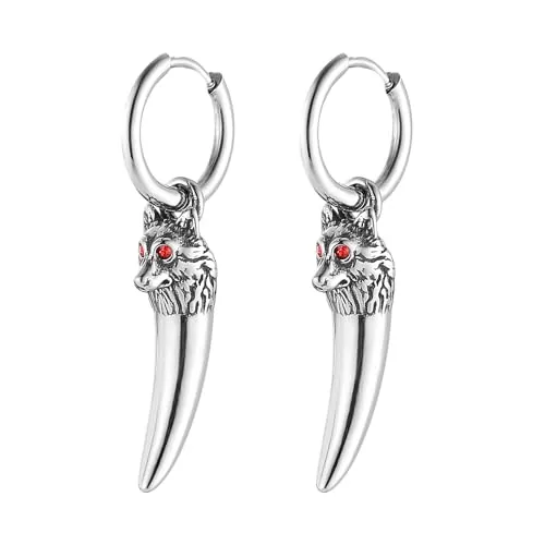Wolf Tooth Dangle Huggie Earrings, stainless steel