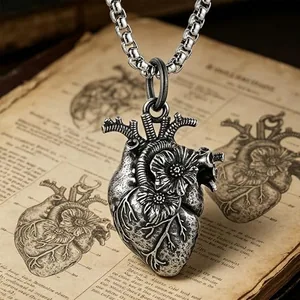 Anatomical Heart Pendant, stainless steel, box chain, another view