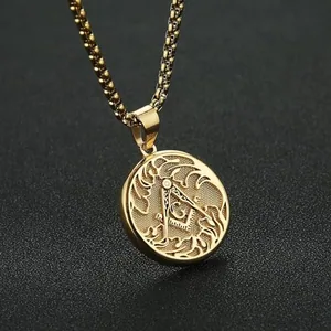 Freemasonry Symbol Round Pendant, stainless steel, gold, another view