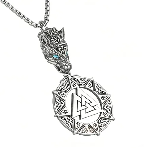 Valknut Wolf Head Pendant, stainless steel, 22 in