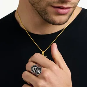 Hexagon Skull Signet Ring, stainless steel, black, another view