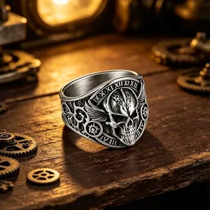 Winged Skull Signet Ring, stainless steel, another view