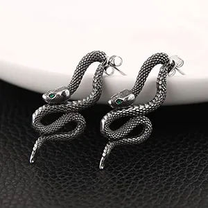 Snake Earrings, stainless steel, green, another view