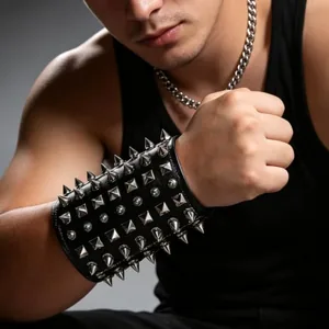 Metal Spike Studded Bracelet, leather, black, another view