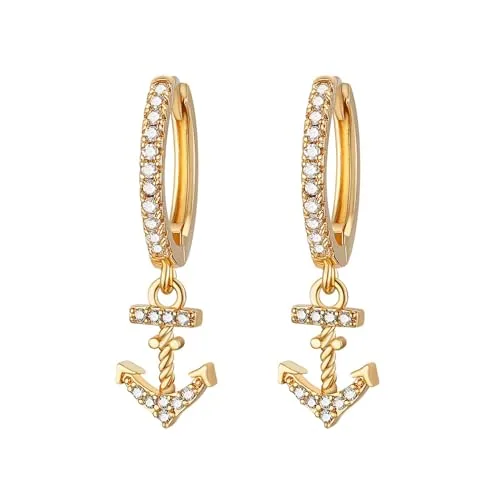 Nautical Anchor Dangle Earrings, gold-plated steel, gold