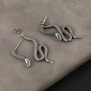 Snake Earrings, stainless steel, green, another view