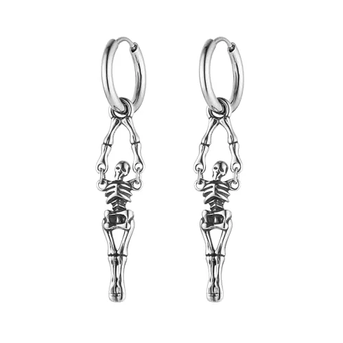 Skull Dangle Drop Hoop Earrings, stainless steel