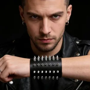 Metal Spike Studded Bracelet, leather, black, another view