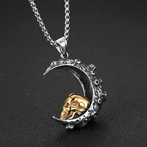 Moon Crescent Skull Pendant, stainless steel, silver, another view