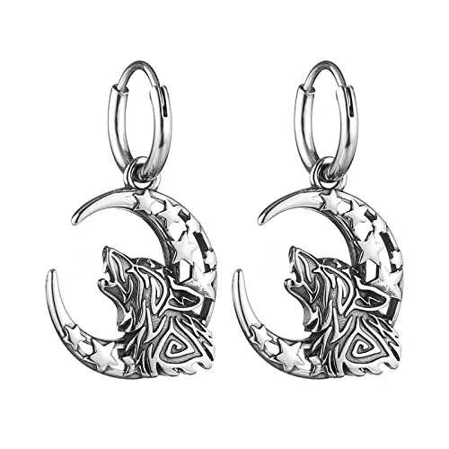 Viking Wolf Dangle Earrings, stainless steel