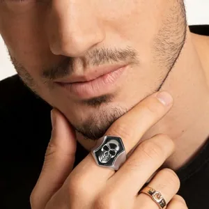Hexagon Skull Signet Ring, stainless steel, black, another view