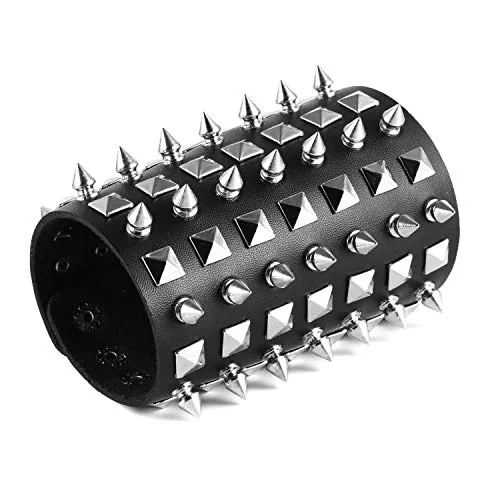 Metal Spike Studded Bracelet, leather, black