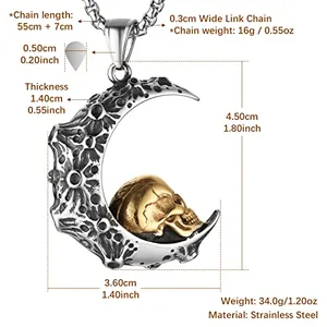 Moon Crescent Skull Pendant, stainless steel, silver, another view