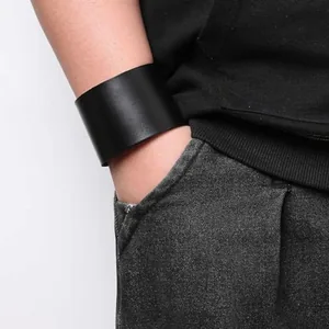 Punk Cuff Bracelet, leather, pack of 2, black, another view