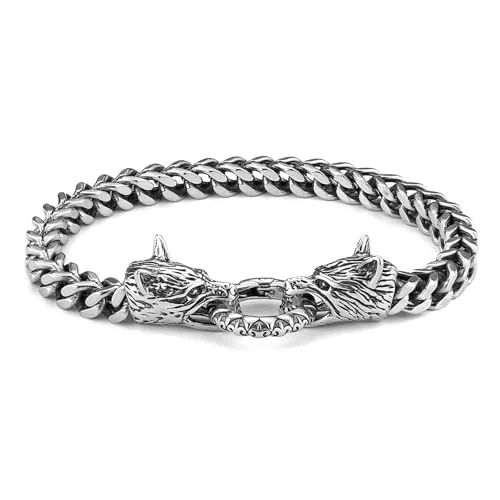 Viking Wolf Head Bracelet, stainless steel, Cuban chain