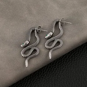 Snake Earrings, stainless steel, green, another view