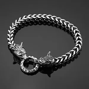 Viking Wolf Head Bracelet, stainless steel, Cuban chain, another view