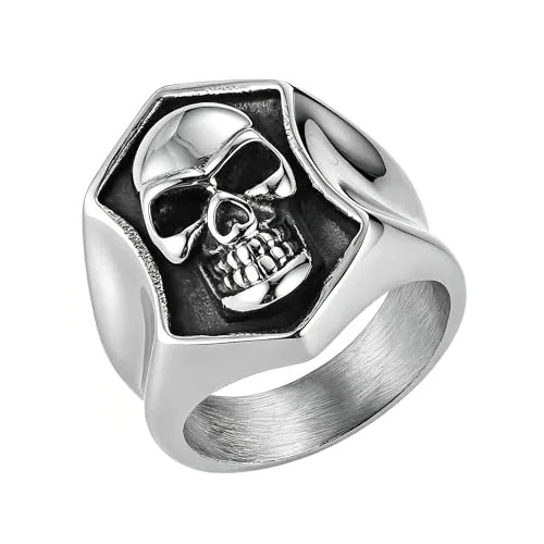 Hexagon Skull Signet Ring, stainless steel, black