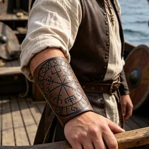 Viking Vegvisir Embossed Bracers, leather, another view