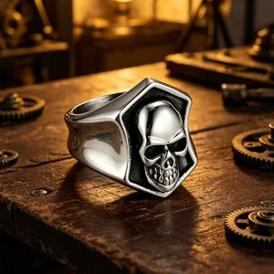 Hexagon Skull Signet Ring, stainless steel, black, another view
