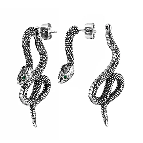 Snake Earrings, stainless steel, green